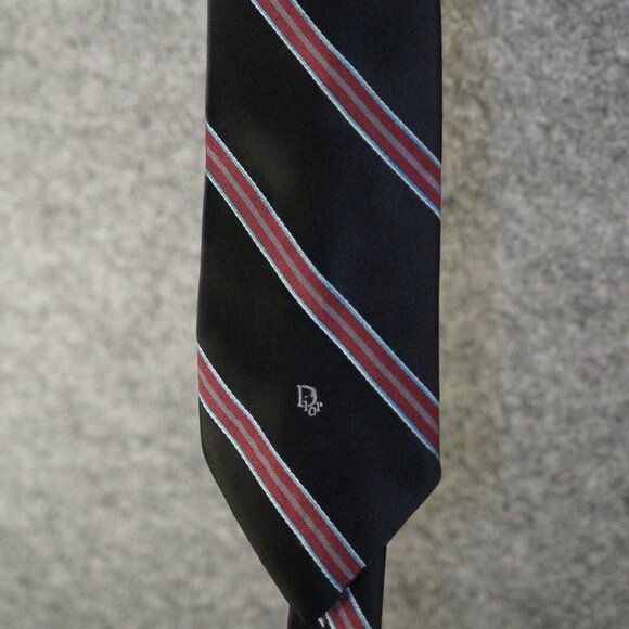 Vintage Christian Dior Neck Tie Mens Red Blue Stripe 100% Silk Made in Paris - Picture 1 of 3